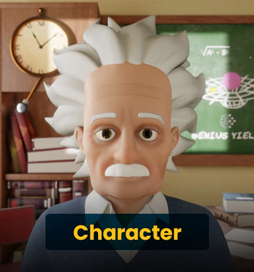 A 3D character model of a cartoonish Albert Einstein created for Genius Yield's website animation, showcasing high-quality modeling and rendering for tech-focused projects and affiliate program awareness campaigns.