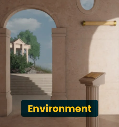 A 3D environment render for a video game set in the time of Aristotle, showcasing high-quality modeling and immersive world-building. This visual highlights our studio's expertise in creating detailed and historically-inspired game assets for video game developers.